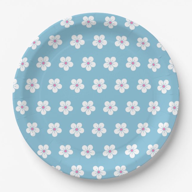 Assiettes En Carton Fleurs de cerises blanches sur bleu (Devant)