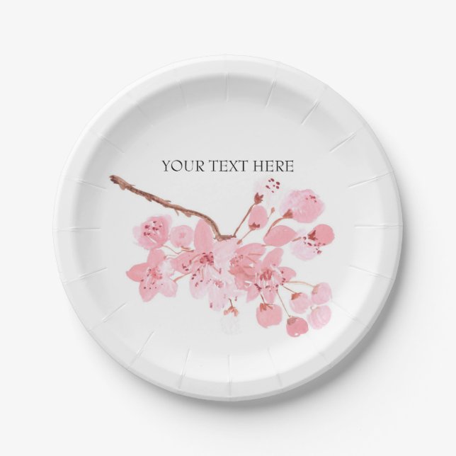 Assiettes En Carton fleurs de cerisier rose aquarelle anniversaire (Devant)