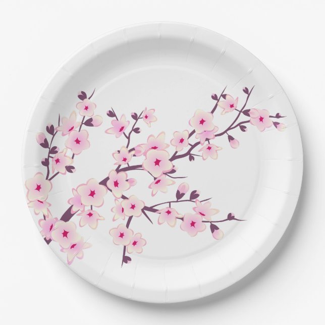 Assiettes En Carton Fleurs de cerisier rose blanc (Devant)