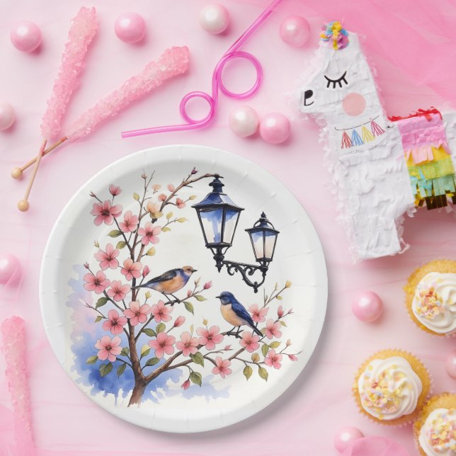 Assiettes En Carton Fleurs de cerisiers et oiseaux (Fête)