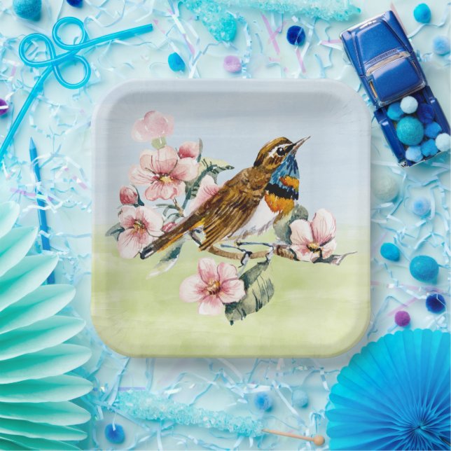 Assiettes En Carton Fleurs de cerisiers roses et oiseaux (Fête)