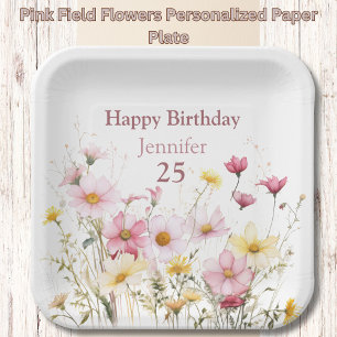 Assiettes En Carton Fleurs de champ rose Plaque de papier personnalisé