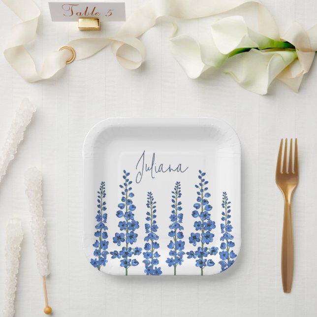 Assiettes En Carton Fleurs de Delphinium Bleu de juillet (Mariage)