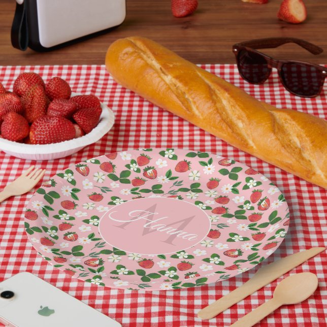 Assiettes En Carton Fleurs de fraises sucrées Aquarelle Florale (Pique-nique)
