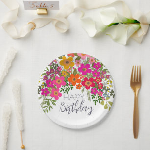 Assiettes En Carton Fleurs de jardin d'été colorées Joyeux anniversair