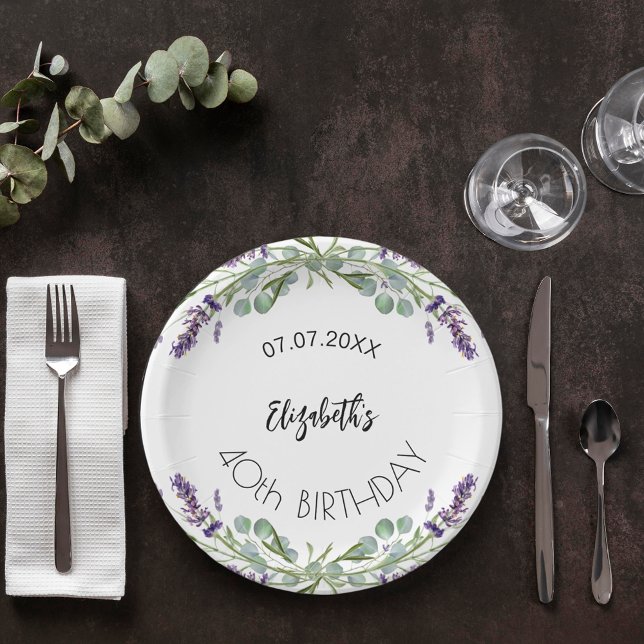 Assiettes En Carton Fleurs de lavande d'anniversaire eucalyptus verdur (Créateur téléchargé)