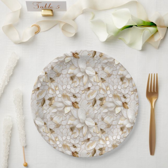 Assiettes En Carton Fleurs de Lotus Or Blanc (Mariage)