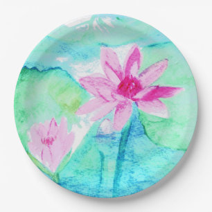 Assiettes En Carton Fleurs de lotus rose pastel aquarelle
