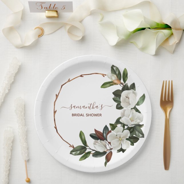 Assiettes En Carton Fleurs de magnolia blanches élégantes, Baby Shower (Mariage)