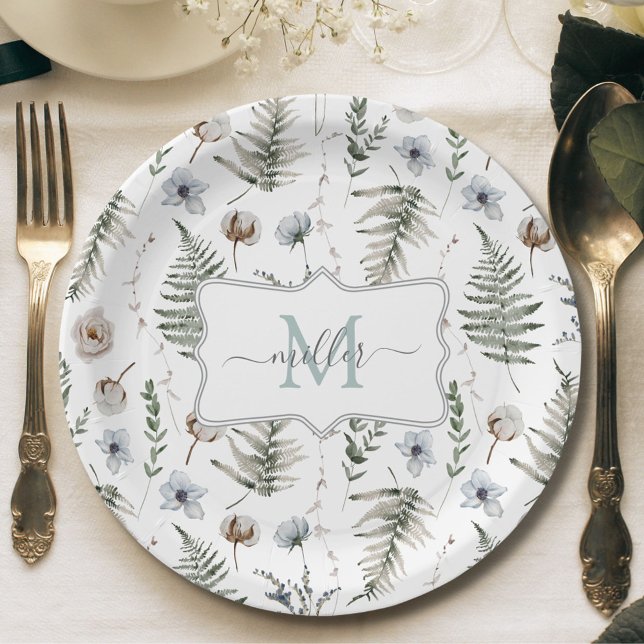 Assiettes En Carton Fleurs de monogrammes et Feuilles de fougères Bota (In situ)