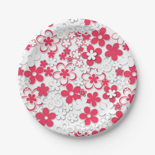 Assiettes En Carton Fleurs de papier rouge et blanc (Devant)
