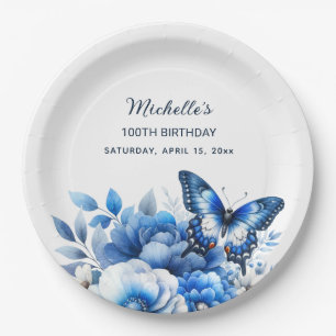 Assiettes En Carton Fleurs de papillon bleu Élégant 100e anniversaire
