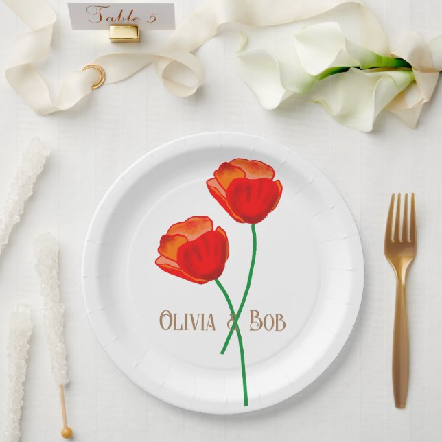 Assiettes En Carton Fleurs de pavot rouge personnalisées (Mariage)