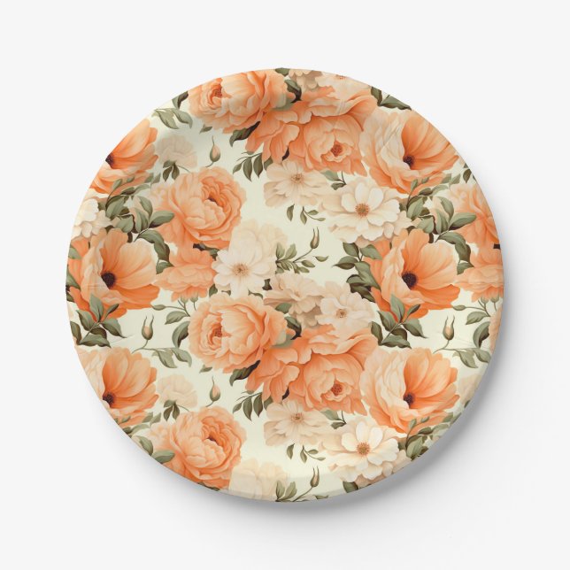 Assiettes En Carton Fleurs de pêche beige délicates (Devant)