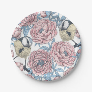 Assiettes En Carton Fleurs de pivoines et oiseaux