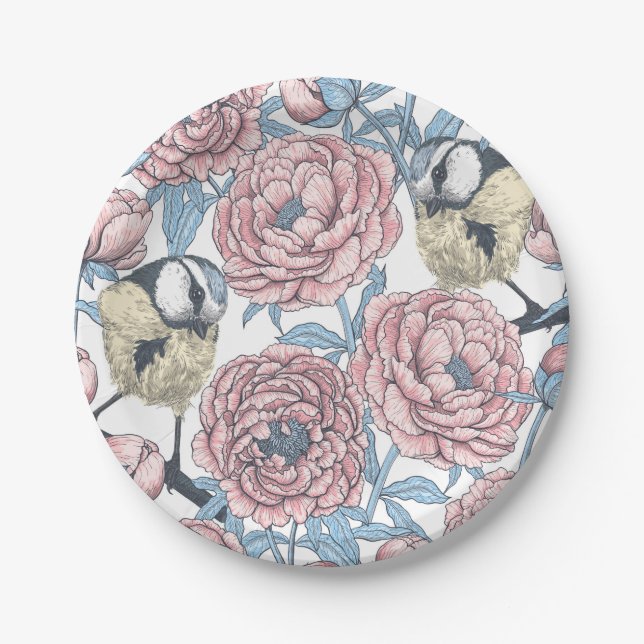 Assiettes En Carton Fleurs de pivoines et oiseaux (Devant)