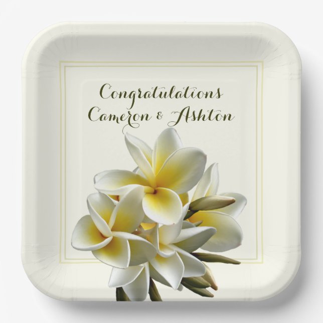 Assiettes En Carton Fleurs de Plumeria Mariage Jaune Félicitations (Recto)