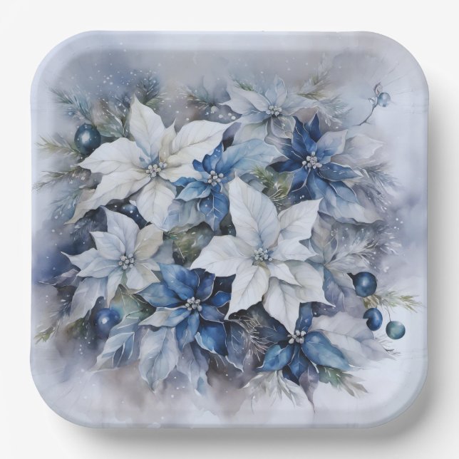 Assiettes En Carton Fleurs de Poinsettia Bleues, Ornements de Noël (Recto)