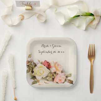 Assiettes En Carton Fleurs de rose de jardin antiques de mariage vinta