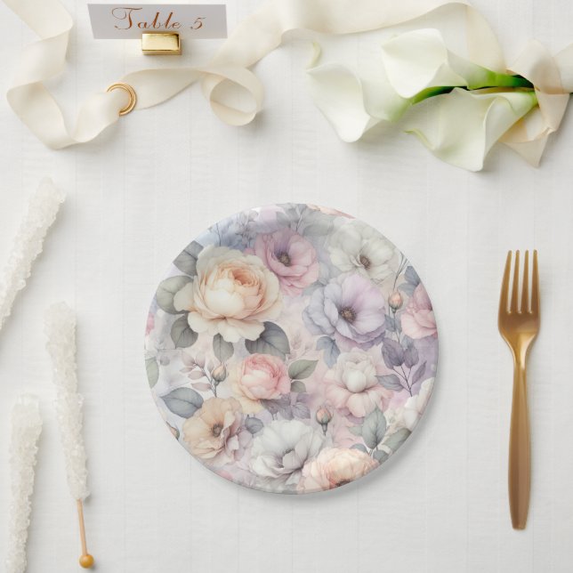 Assiettes En Carton Fleurs de rose élégantes (Mariage)