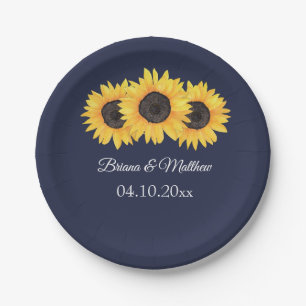 Assiettes En Carton Fleurs de soleil de pays sur plaque de papier bleu
