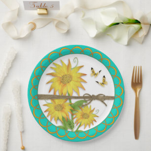 Assiettes En Carton Fleurs de soleil et papillons froncés