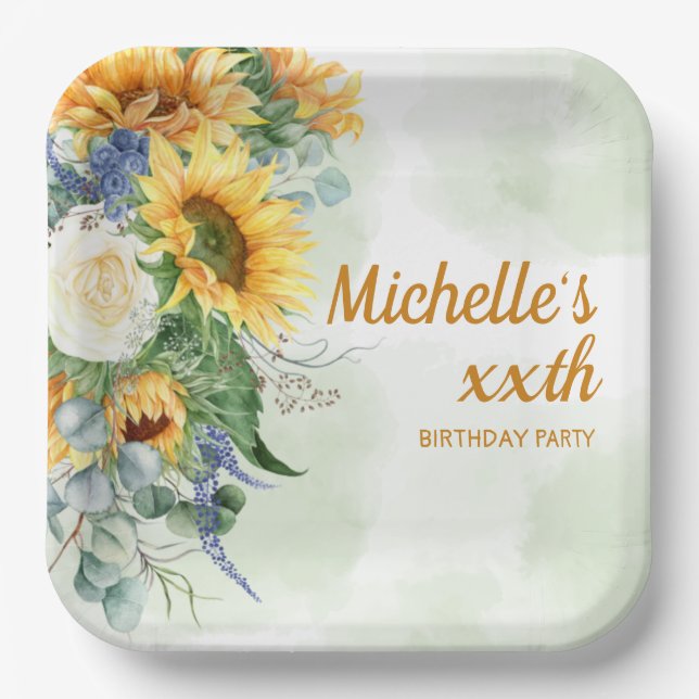 Assiettes En Carton Fleurs de soleil Eucalyptus Botanical Woman's Birt (Recto)