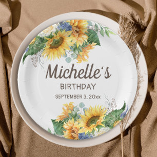 Assiettes En Carton Fleurs de soleil Eucalyptus Nom de l'anniversaire 