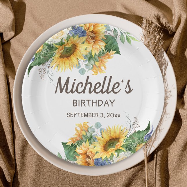 Assiettes En Carton Fleurs de soleil Eucalyptus Nom de l'anniversaire  (Sunflowers and eucalyptus birthday party paper plates)