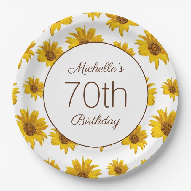 Assiettes En Carton Fleurs de soleil jaunes Blanc 70e anniversaire (Devant)