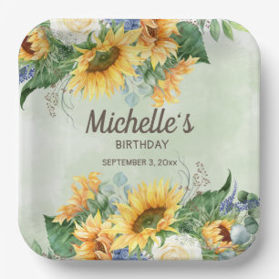 Assiettes En Carton Fleurs de soleil jaunes Eucalyptus vert Anniversai