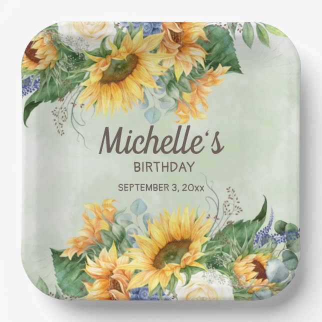 Assiettes En Carton Fleurs de soleil jaunes Eucalyptus vert Anniversai (Recto)