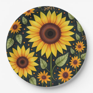 Assiettes En Carton Fleurs de soleil jaunes sur le noir