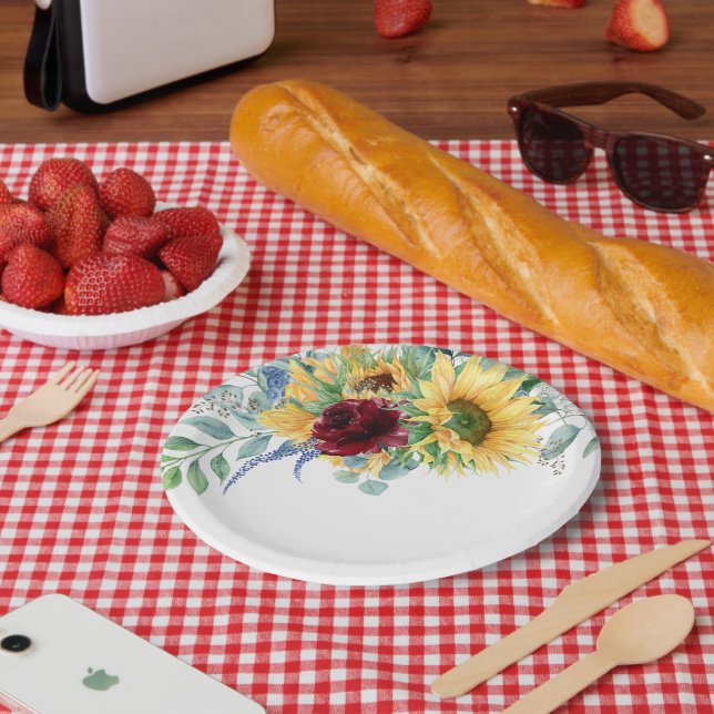 Assiettes En Carton Fleurs de soleil rustiques et aquarelle Rose (Pique-nique)
