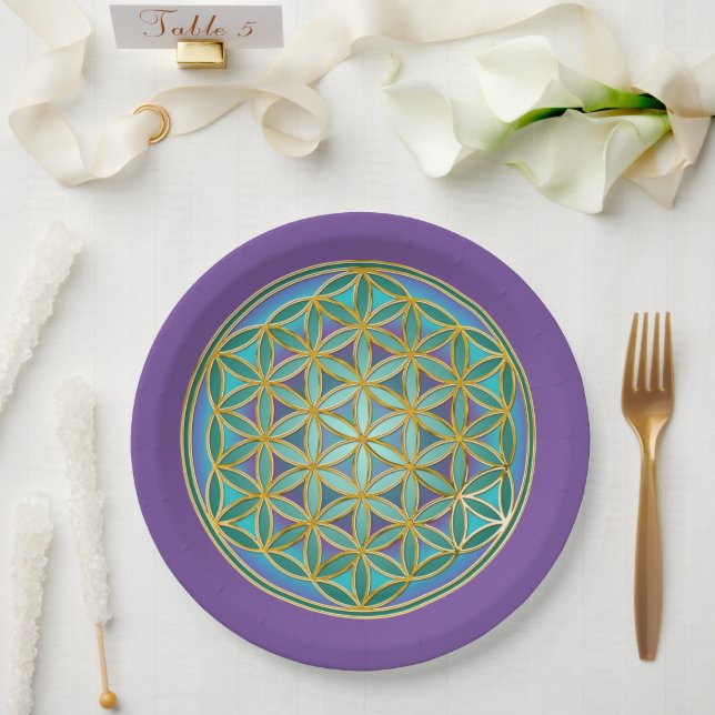 Assiettes En Carton FLEURS DE VIE - Géométrie Sacrée Design 1 (Mariage)