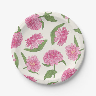 Assiettes En Carton Fleurs de Zinnia roses et vertes