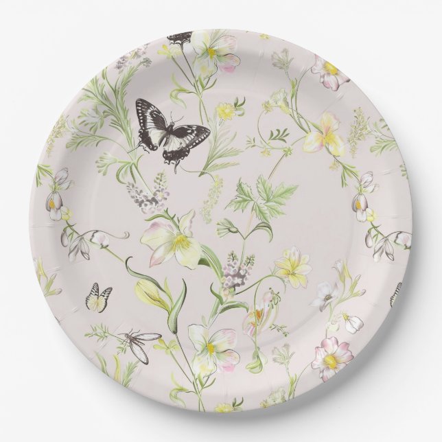 Assiettes En Carton fleurs délicates avec papillon à la chinoise (Devant)