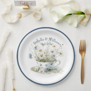 Assiettes En Carton Fleurs denim bleu défraîchi et marron personnalisé