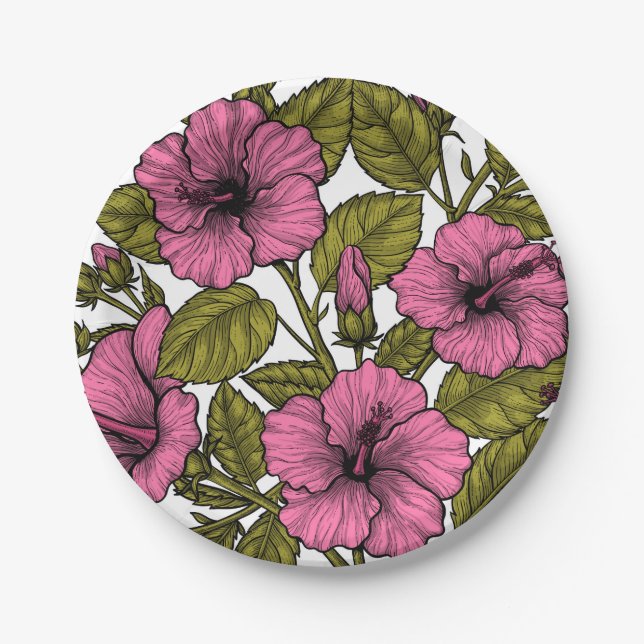 Assiettes En Carton Fleurs d'hibiscus roses (Devant)