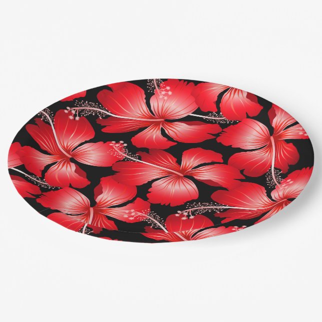Assiettes En Carton Fleurs d'hibiscus rouges (Angle)