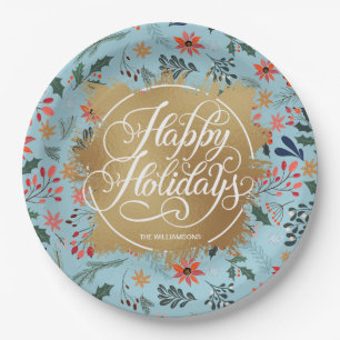 Assiettes En Carton Fleurs d'hiver Gold Faux Foil Happy Holidays Paper
