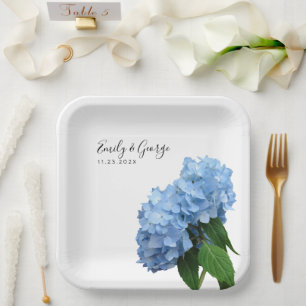 Assiettes En Carton Fleurs d'Hydrangea Bleues Mariage Personnalisées