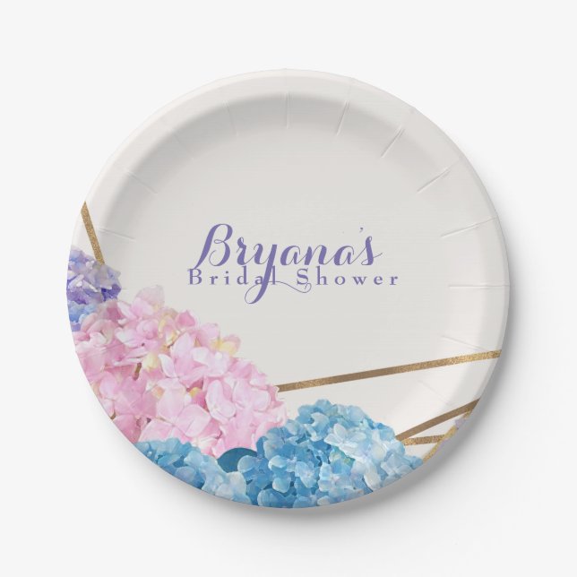 Assiettes En Carton Fleurs d'Hydrangea & Gold Chic Printemps élégant (Devant)
