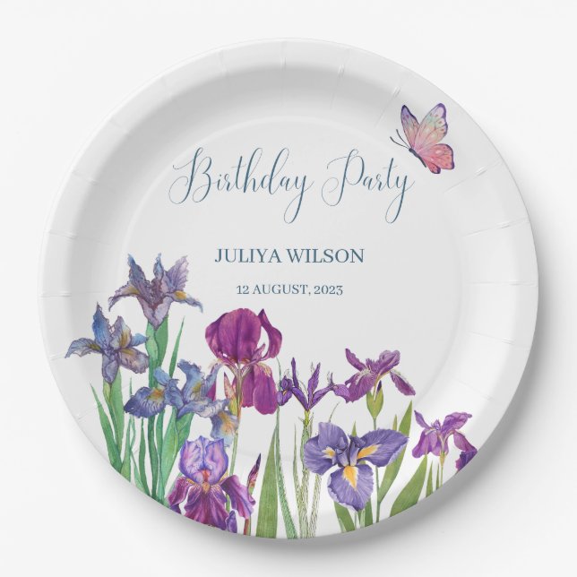 Assiettes En Carton Fleurs d'Iris fête d'anniversaire (Devant)