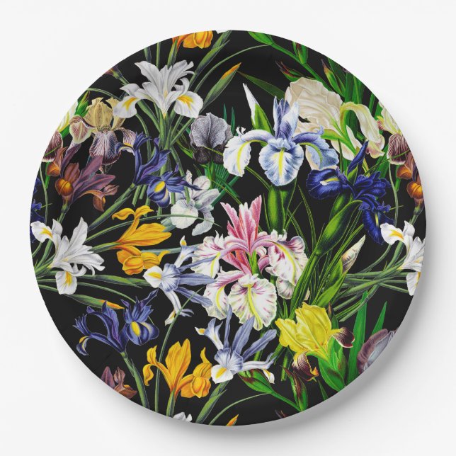 Assiettes En Carton Fleurs d'Iris victoriennes colorées sur Motif noir (Devant)
