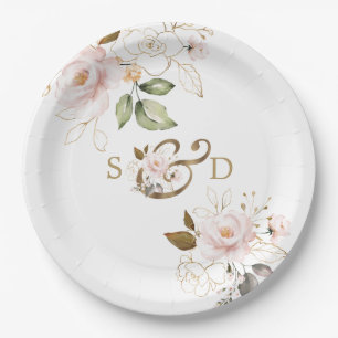 Assiettes En Carton Fleurs d'or Blush Whimsical Monogram Mariage