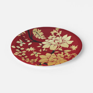Assiettes En Carton Fleurs d'or orientales sur le rouge
