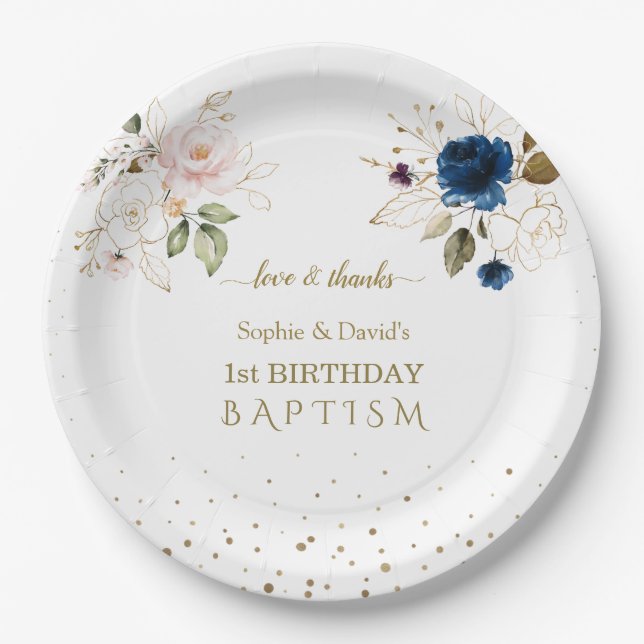 Assiettes En Carton Fleurs d'or rose bleu Jumeaux 1er anniversaire Bap (Devant)