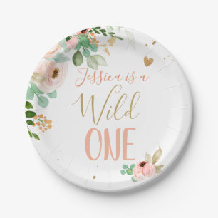 Assiettes En Carton Fleurs d'or roses d'un premier anniversaire sauvag