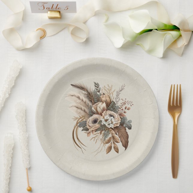 Assiettes En Carton Fleurs Élégantes Feuillage et plumes (Mariage)